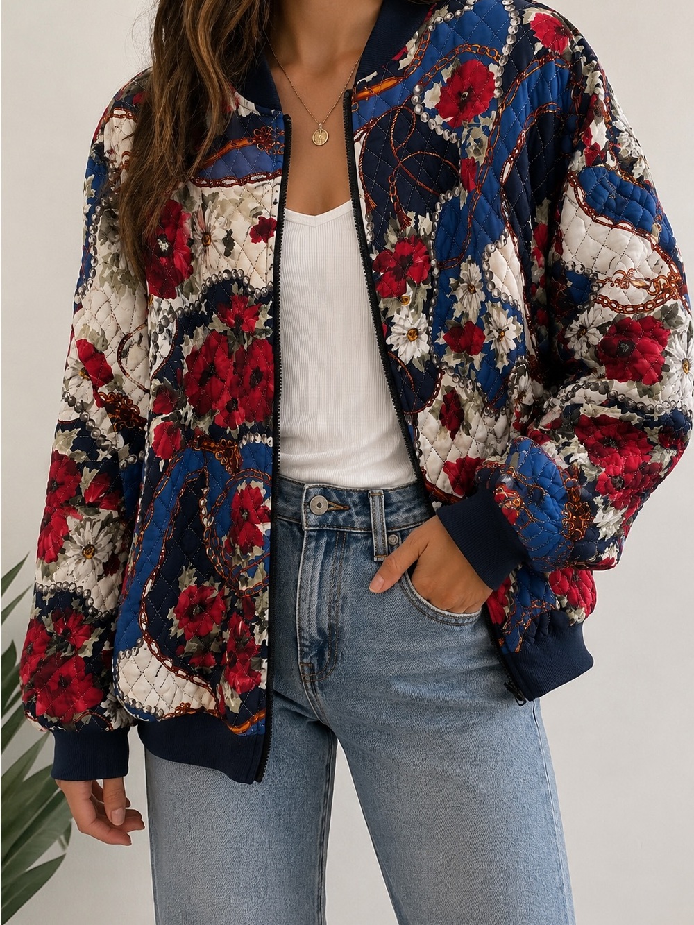 Haband Quilted Floral Bomber Jacket in Navy, Red & Cream